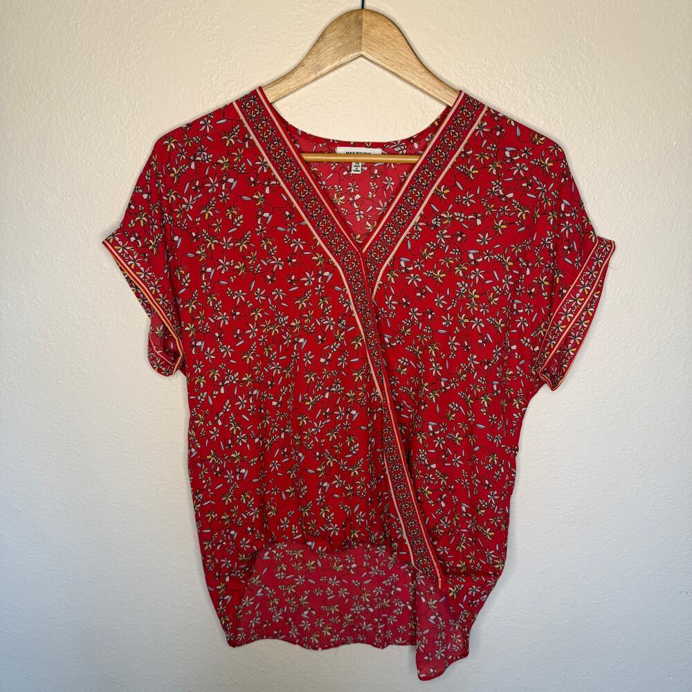 Max Studio Red Floral Print High Low Blouse XS